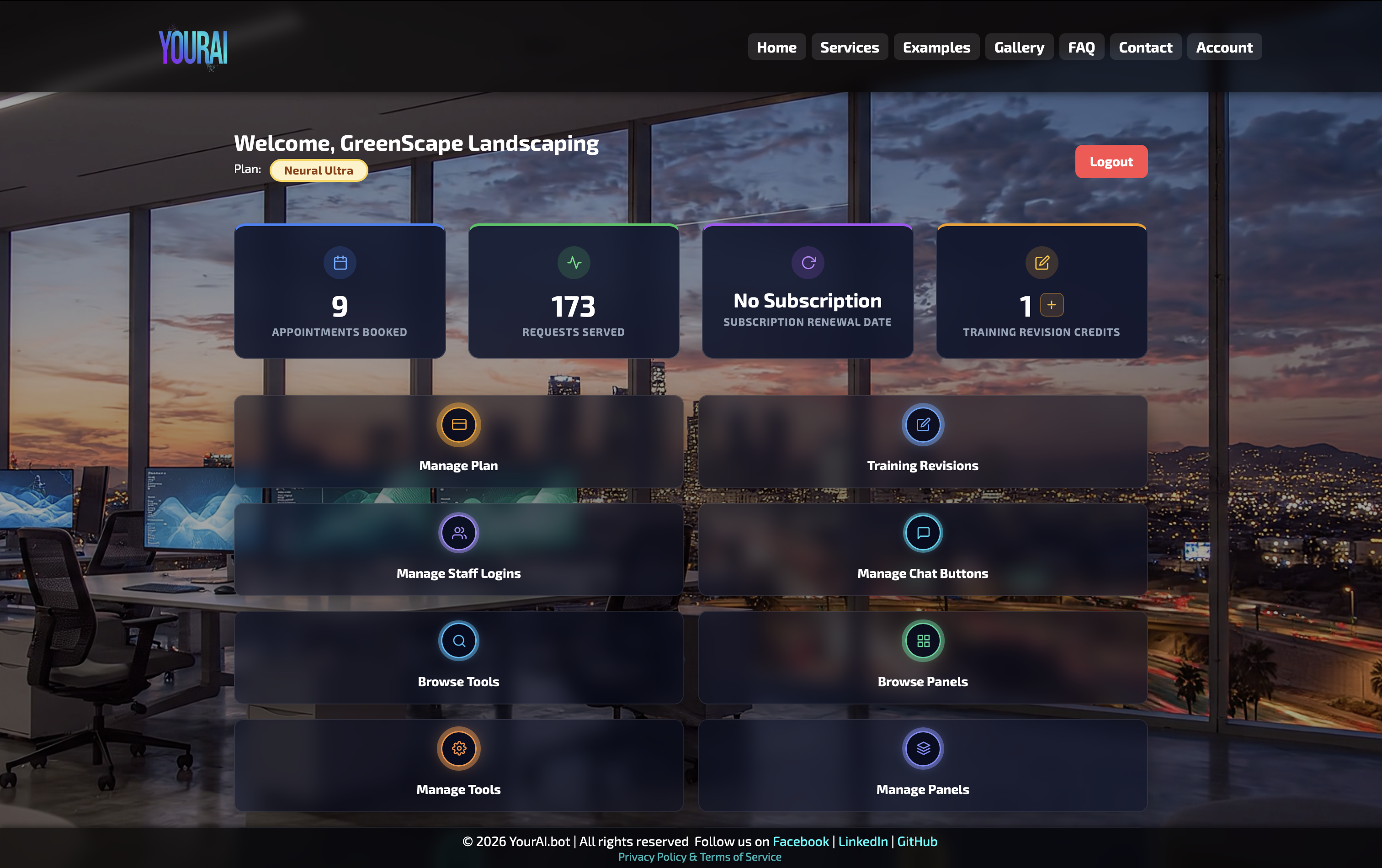 YourAI tenant dashboard showing stat cards
