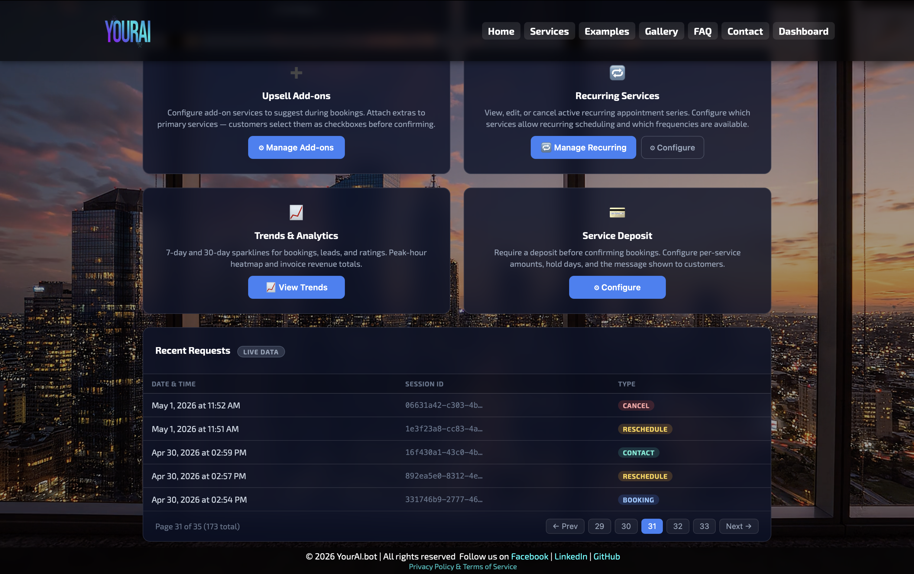 Live recent requests feed in YourAI analytics